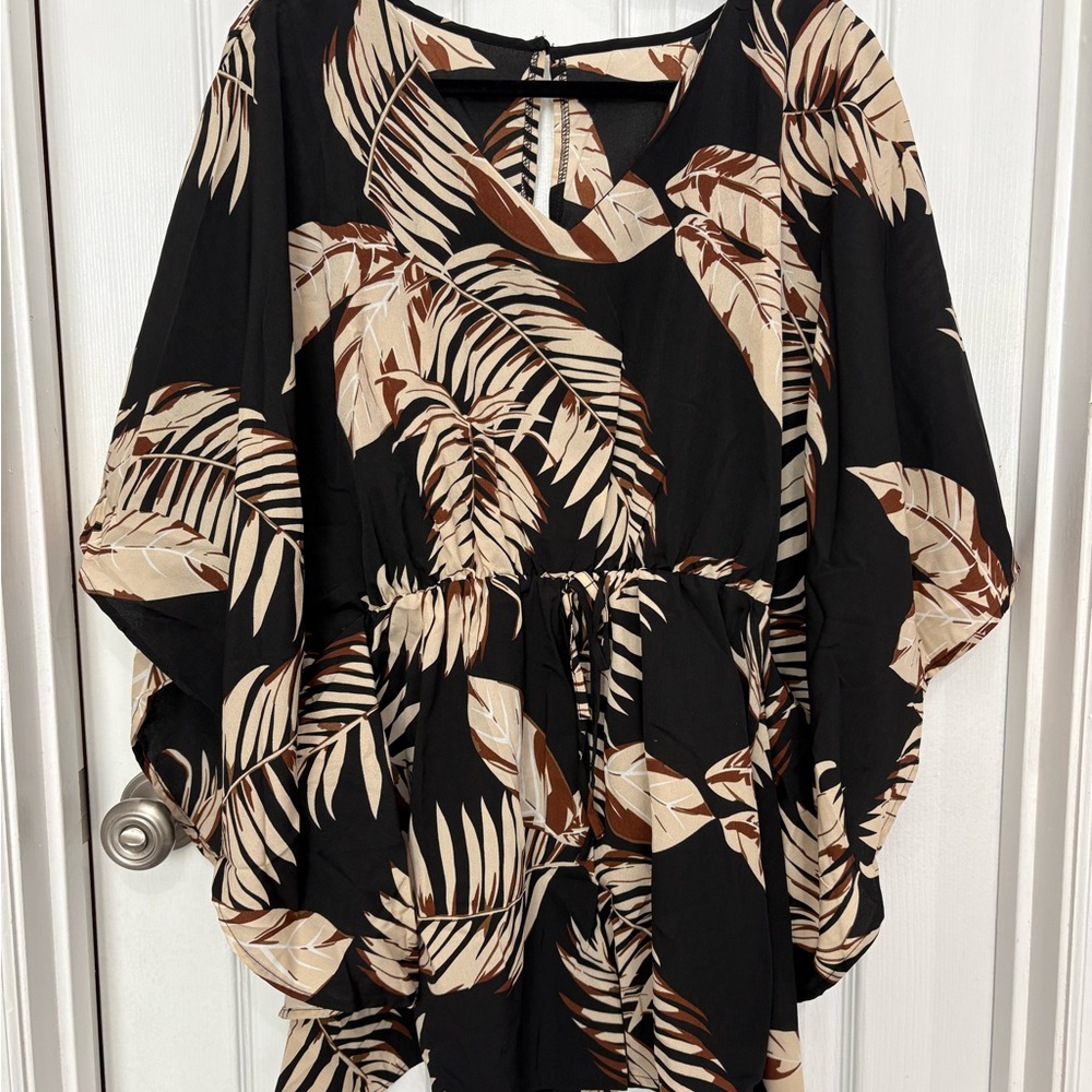 Cupshe Black and Tan Leaf Print Romper Swim Coverup